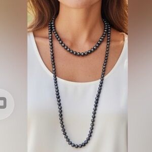 Black Peacock Freshwater Pearl Opera Necklace Long Iridescent Strand 64 in